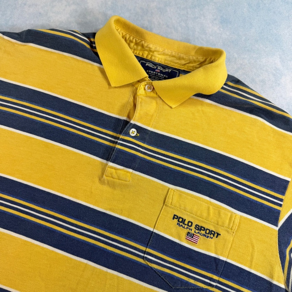 Polo Sport Ralph Lauren Polo Shirt Mens L Yellow Striped Pocket Vtg Sportsman